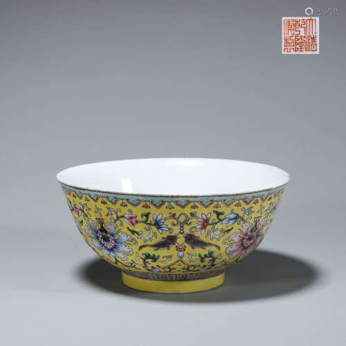 A yellow glazed famille rose bird and flower porcelain bowl