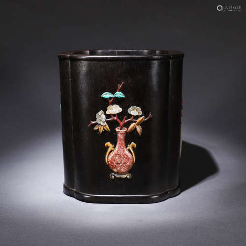 A multicolored raden-inlaid rosewood brush pot