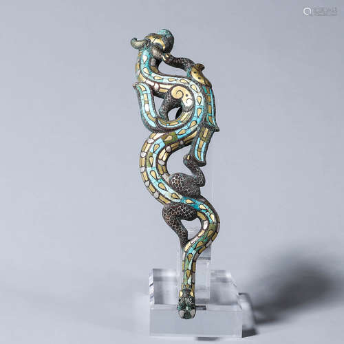 A bronze turquoise-inlaid dragon hook