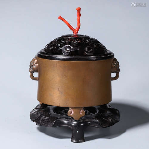 A red sandalwood copper censer with lion head shaped ears