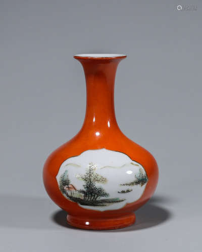 A coral red glazed famille rose porcelain vase