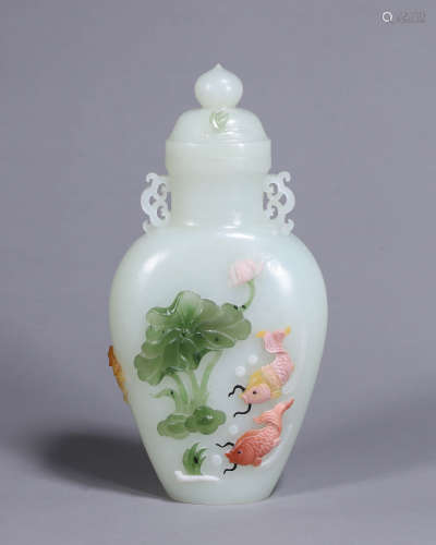 A Hetian jade gem-inlaid pot