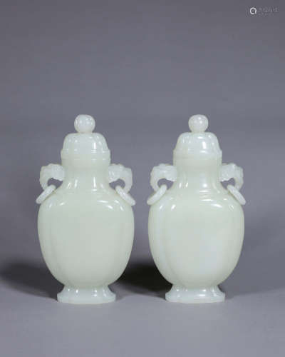 A pair of Hetian jade vases with elephant head shaped ears