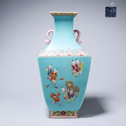 A squared blue glazed famille rose figure porcelain vase