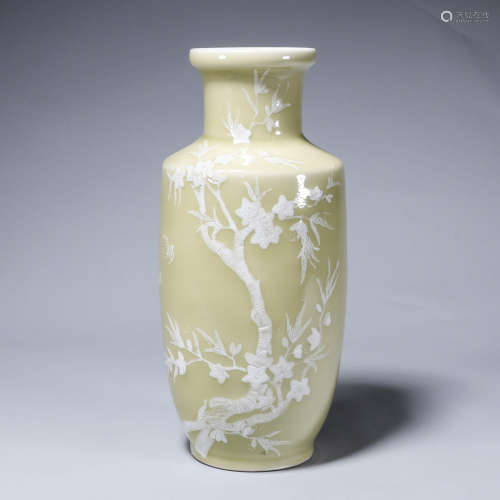 A beige glazed white plum blossom porcelain vase