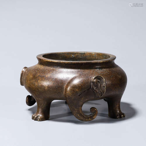 A three-legged copper censer with elephant head shaped ears