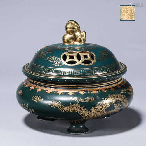 A green glaze gilt dragon porcelain censer