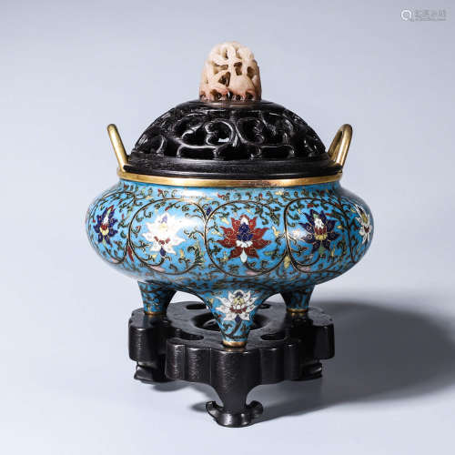 A red sandalwood jade-inlaid cloisonne double-eared censer