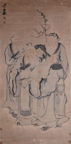 A Chinese Figures Painting Scroll, Liu Zhen Mark
