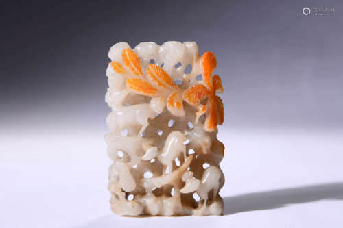 A Carved Jade Flowers And Deer Ornament
