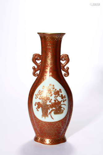 A Coral Red Glazed Enclosing Floral Vase