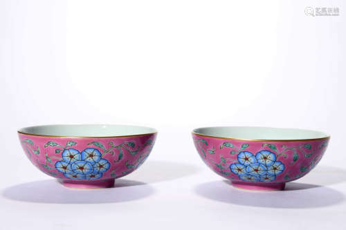 A Pair Of Rouge Red Glaze Floral Bowls