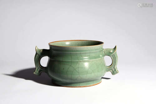 A Celadon Glaze Double-Eared Incense Burner