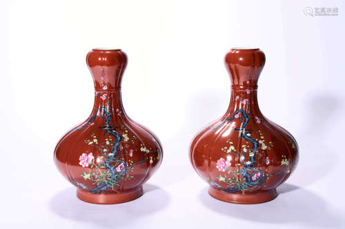 A Pair Of Coral Red Glaze Flower Vases