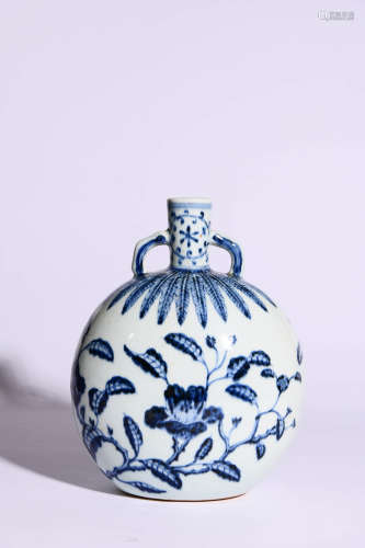 A Blue And White Floral Moon Flask