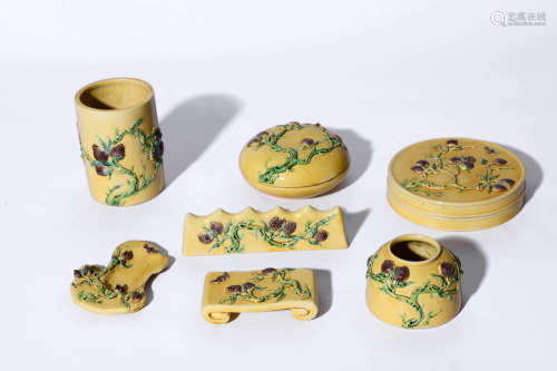 A Set Of Seven Yellow Glaze Porcelain Stationery
