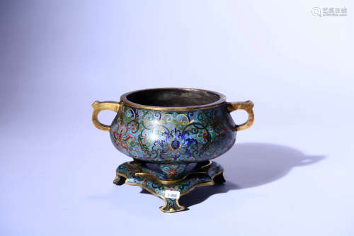 A Cloisonne Enamel Double Eared Censer And Stand