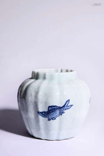 A Blue And White Fish Lobed Jar