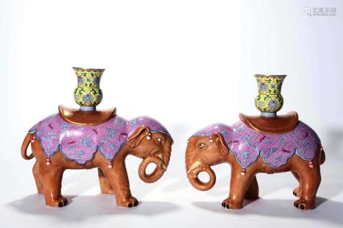 A Pair Of Famille Rose Elephant Ornaments