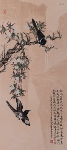 A Chinese Magpie And Flowers Painting