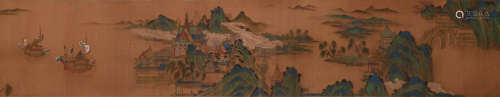 A Chinese Landscape And Figure Silk Painting Hand Scroll, Qi...