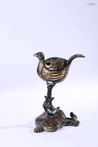 A Silver And Gold Inlaying Bronze Bird-Shaped Ornament