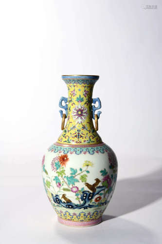 A Yellow Ground Famille Rose Quail Vase
