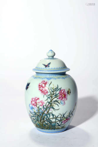 An Enamel Butterfly And Flowers Jar And Cover