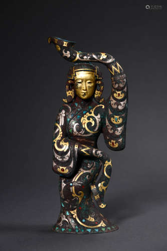 A Silver And Gold Inlaying Bronze Female Attendant