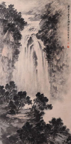 A Chinese Waterfall And Pavilion Painting, Fu Baoshi Mark