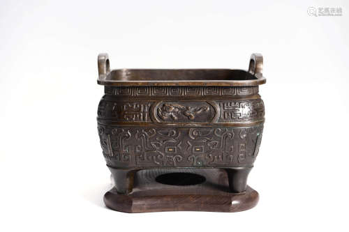 An Inlaid Bronze Square Censer