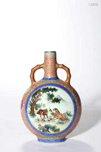 A Famille Rose And Gilt Decorated Horse Moon Flask