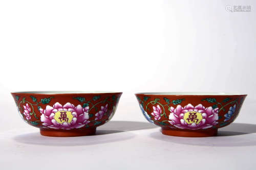 A Pair Of Red Glaze Longevity And Peony Bowls