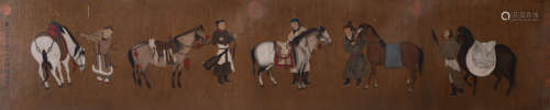 A Chinese Horse And Figure Painting Silk Handscroll, Zhao Zh...