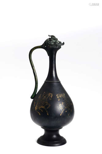 A Gold Painted Horse Dragon-Spout Wine Pot