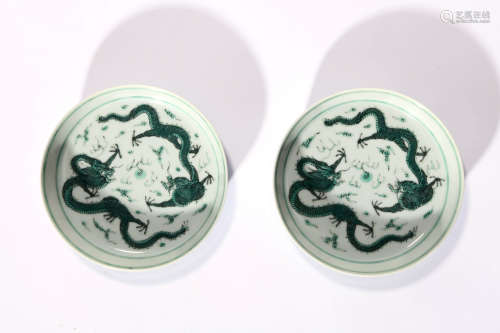 A Pair Of Green Enamel Dragon Plates