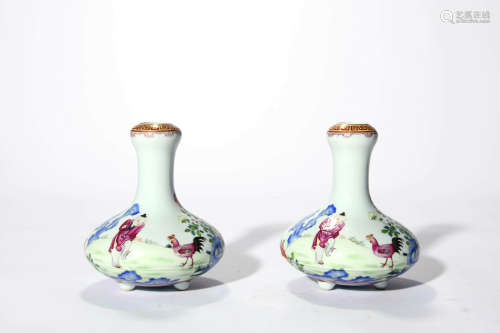 A Pair Of Inscribed Famille Rose Rooster Bottle Vases