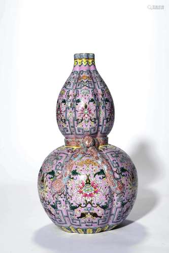 A Famille Rose Flora Lobed Double Gourd Shaped Vase