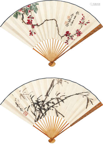 董寿平（1904－1997）
李万春(b.1942) 竹 花卉 设色纸本 成扇