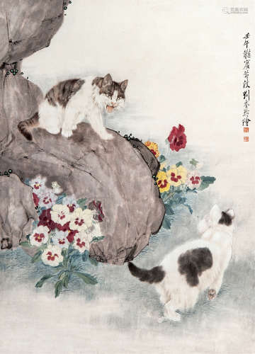 刘奎龄（1885－1967） 双猫 设色纸本 立轴