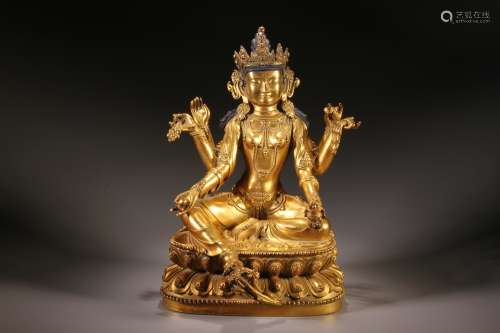 Gilt Copper Seated Avalokitesvara with Six Arms