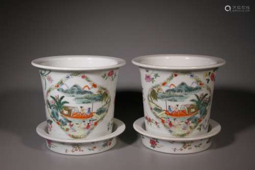 A Pair of Famille Rose Flowerpots
