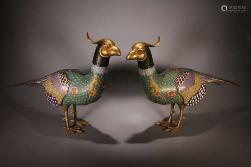 A Pair of Cloisonne Golden Pheasant Ornaments