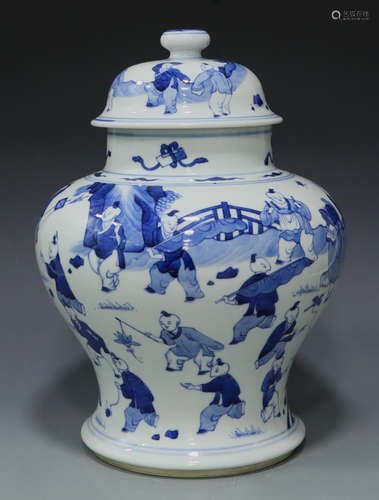 Blue and white porcelain hundren children Kangxi Jar