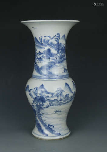 Blue and white porcelain scroll vase with landscape painting