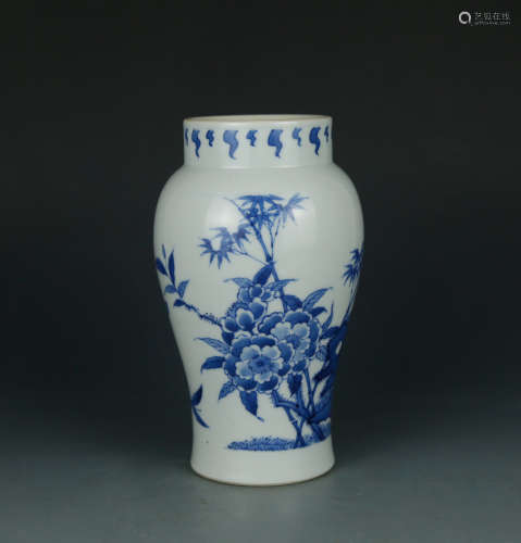 Blue and white porcelain vase with flowers and birds paintin...