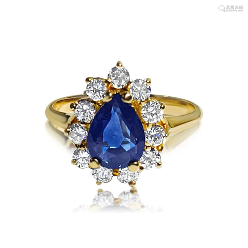 18K Gold, 1.50 Carat Blue Sapphire and Diamond Ring