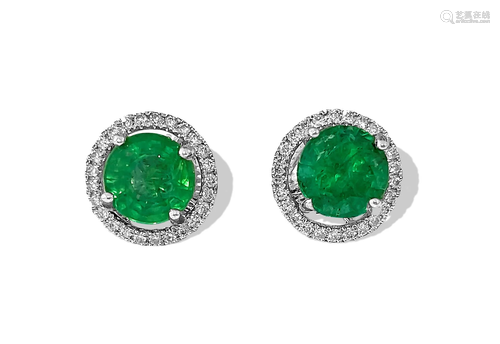 14k Gold 2.50 Carat Emerald Diamond Stud Earrings