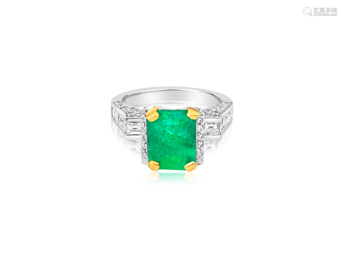 18k Gold, 5.30ct Diamond & Natural Emerald Ring (GIA)