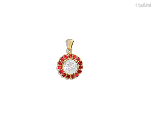 (GIA) 14K Yellow Gold, Diamond and Burma Ruby Pendant